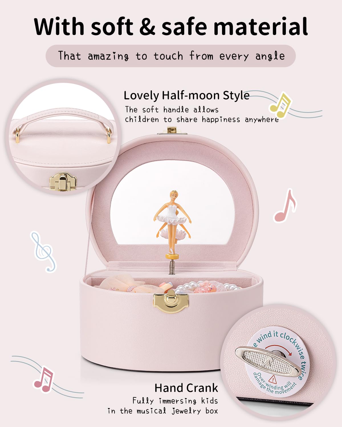 Vlando Musical Jewelry Box for Girls, Small Kid Music Box with Ballerina for Birthday Bedroom Decor, Gifts for Girls Kids - Light Pink