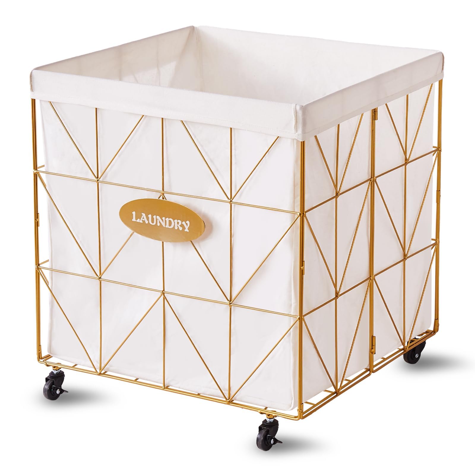 Wimarsbon Laundry Baskets,Collapsible Laundry Basket with Wheels,Removable Lined for Easy Cleaning Storage Basket,Sturdy Metal Frame for Clothes Storage for Living Room (210L-LD-Gold)