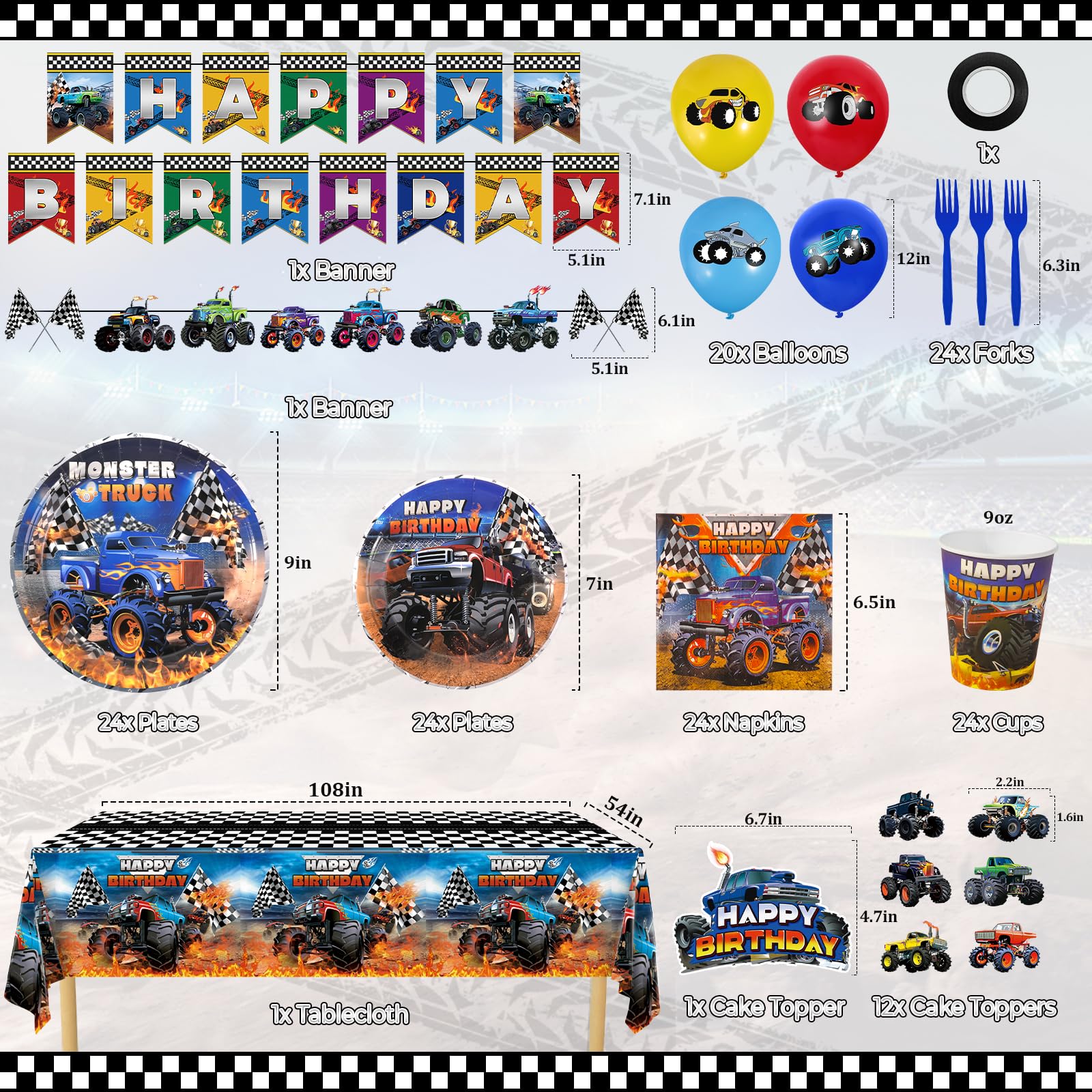 Monster Truck Birthday Decorations Supplies Serves 24 Guests, Machines Jam Birthday Party Tableware with Birthday Banners, Tablecloth, Plates, Cups, Napkins, Forks for Boys Birthday