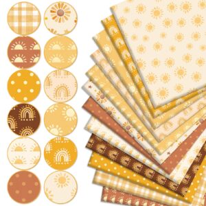 JarThenaAMCS 12Pcs Boho Sunshine Cotton Fabric Bundles Yellow Boho Sun Rainbow Dot Fat Quarters Decorative Quilting Patchwork for DIY Craft Home Party Decor, 18 x 22 Inch