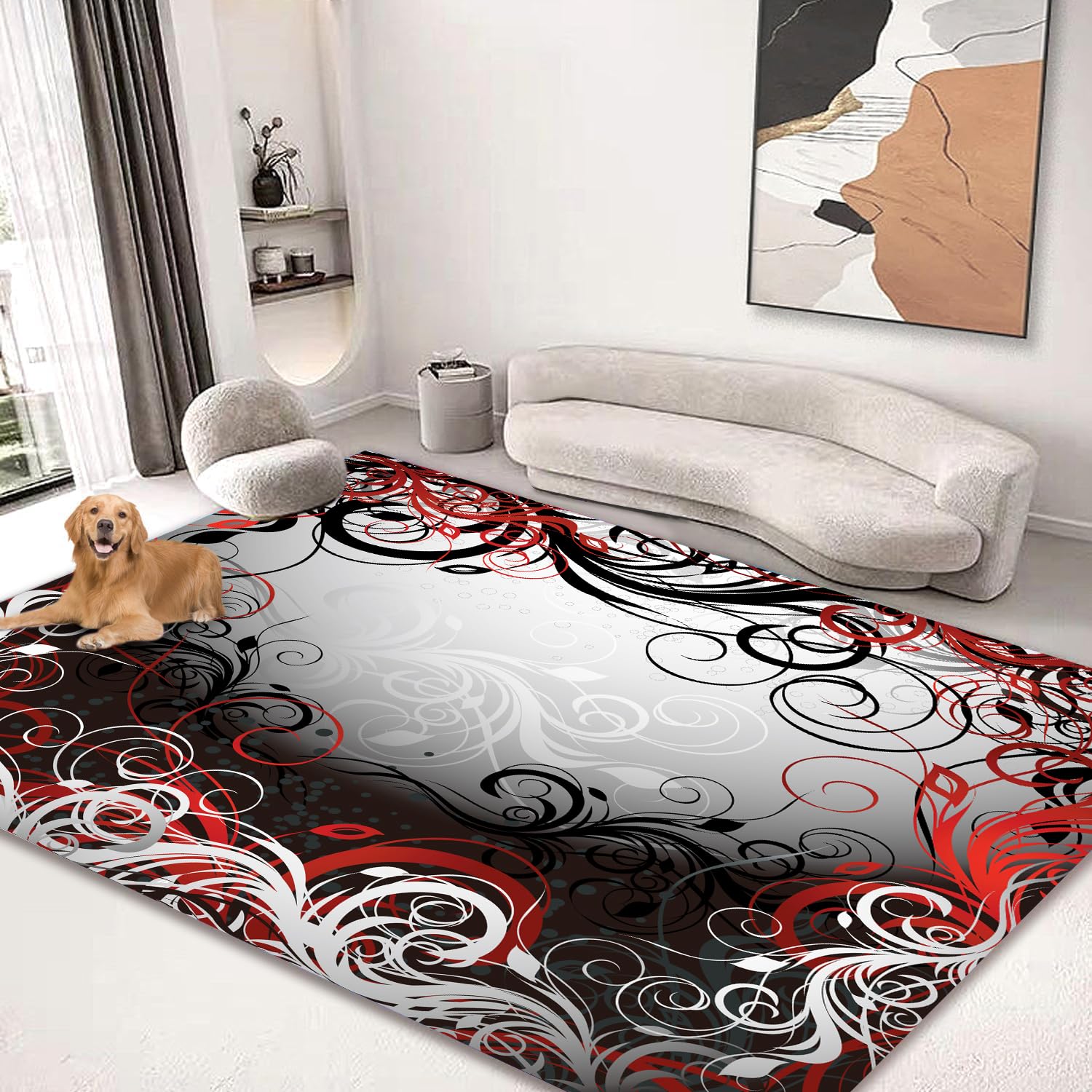 Area Rug 5'x4' Carpet for Bedroom Living Room Kids Nursery Room Home Decor Soft Rugs Mat Non Slip Black Red