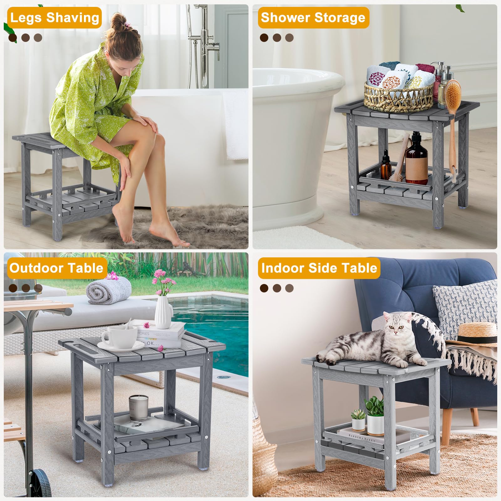 NALONE Shower Bench, HDPE Shower Benches for Inside Shower, Small Shower Chair Seat for Shaving Legs with Storage Shelf & Handles, Indoor and Outdoor Use (Grey)