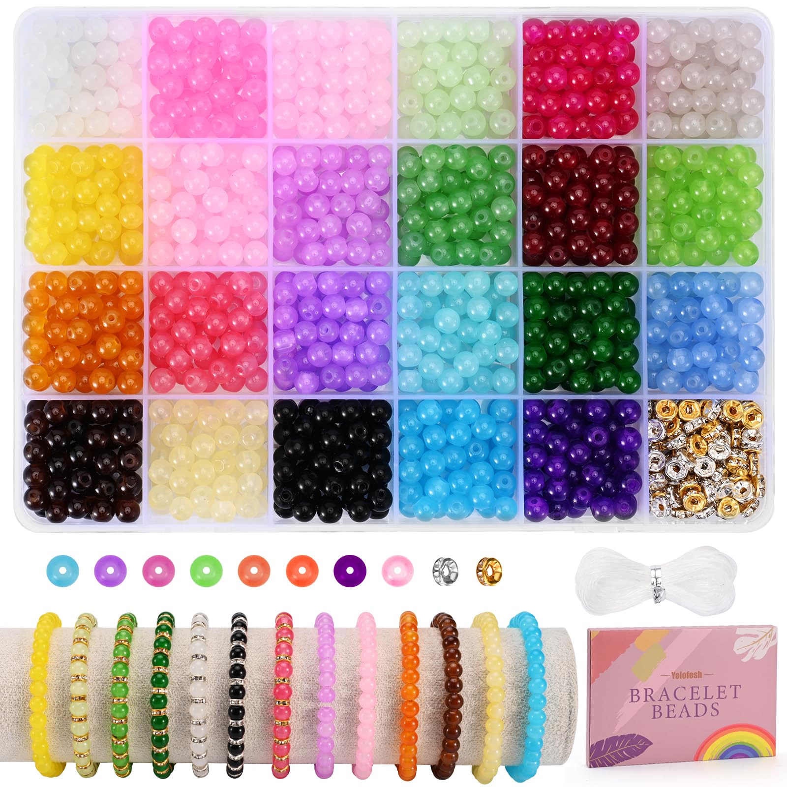 Yelofesh 1100PCS 6mm Glass Beads for Jewelry Making, 24 Vibrant Colors Crystal Round Glass Beads for Bracelets, Complete Bracelet Making Sets for Girls DIY Crafts & Friendship Bracelets