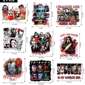 9 Sheets Halloween Iron on Transfers for T-Shirts,Halloween Heat Transfer Vinyl,Horror Movie Iron on Patches Sticker Halloween Iron on Decals for T-Shirt Clothes DIY