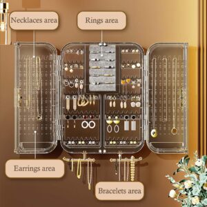 Qryval Wall Mounted Jewelry Organizer, No Punching Installation, Hanging Jewelry Organizer Box and Storage Case, Necklace Earring Holder Organizer Wall for Women Teen Girls (Gray Gold)