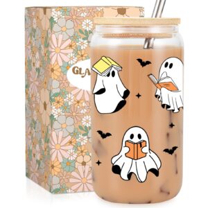 fairy's gift ghost reader halloween cup, cute halloween spooky gifts for book lovers, 16 oz iced coffee cup with lid straw, book themed, bookworm, bookish gifts for women book lover librarian