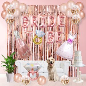 bachelorette party decorations,pink rose gold decor, bridal shower party supplies with bride to be words,rose gold diamond ring,wedding dress,giant bottle balloons and foil fringe curtain