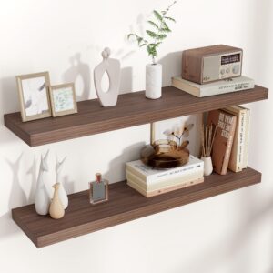 floating shelves for wall, 2 large wall mounted shelves with invisible brackets, long wood floating wall shelf shelves for living room, bedroom, kitchen, bathroom decor (walnut, 36" w x 8" d x 1.5" h)