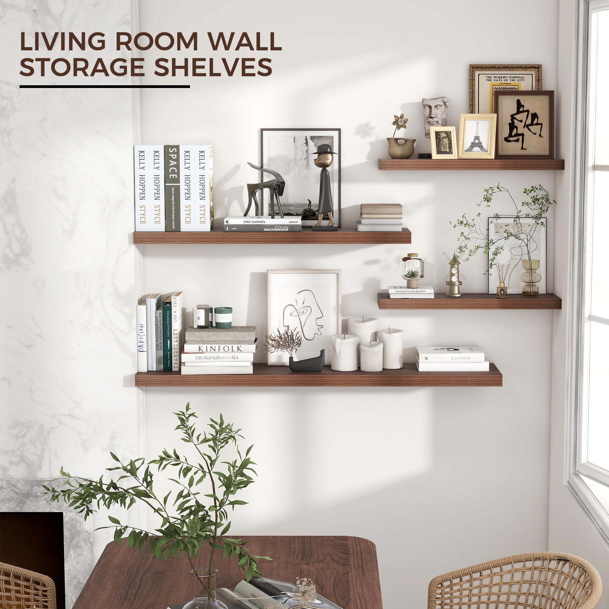 Floating Shelves for Wall, 2 Large Wall Mounted Shelves with Invisible Brackets, Long Wood Floating Wall Shelf Shelves for Living Room, Bedroom, Kitchen, Bathroom Decor (Walnut, 36" W x 8" D x 1.5" H)