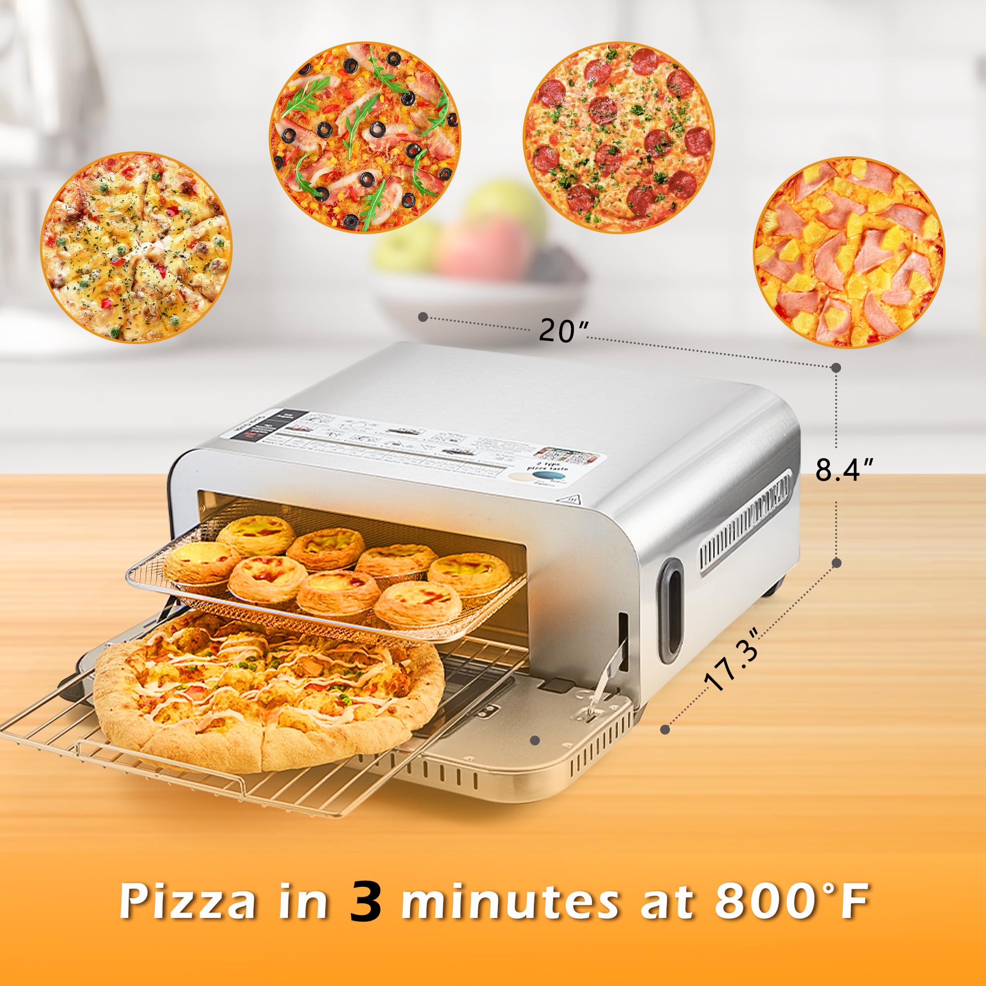 DOVSCA Pizza Oven Indoor Electric Pizza Oven Countertop with 104-800°F by NTC Countertop Pizza Oven 15 Functions Pizza Oven Brushed Stainless Steel with 10 Accessories for Multi-functions