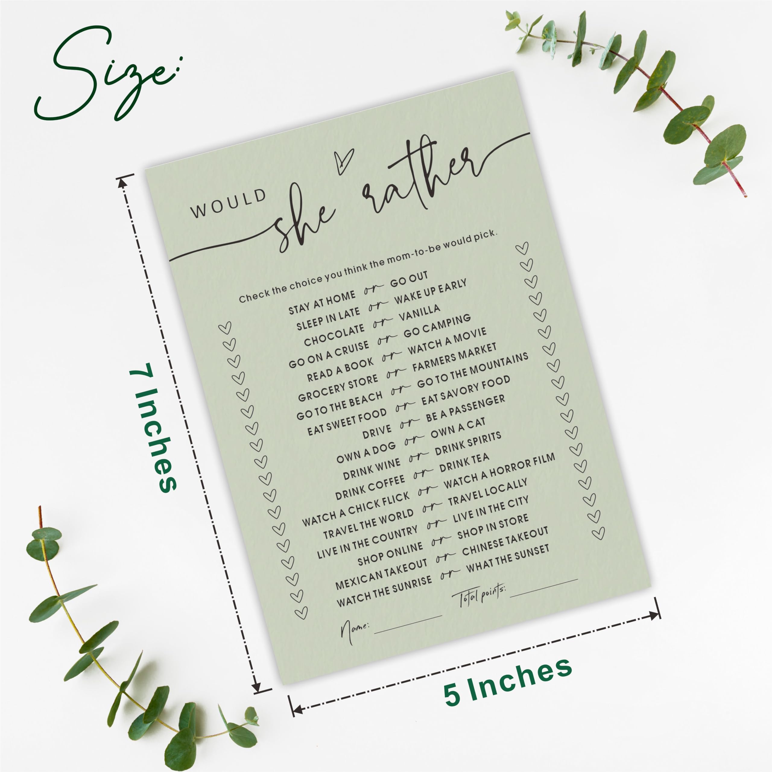 Would She Rather Baby Shower Game Cards, Sage Green & Double-Sided Design, 30 Gender Neutral Game Cards for New Parents, Baby Shower Party, Baby Announcement, Party Favor & Decor - C05