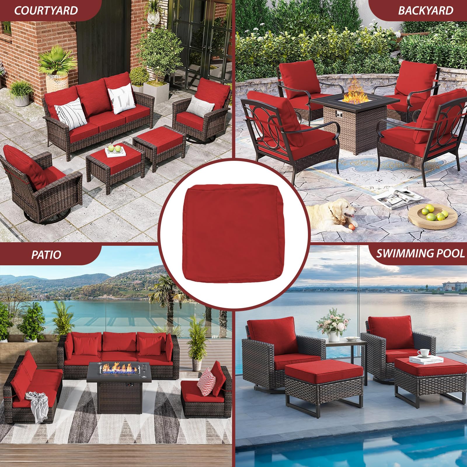 YQNUCO Patio Cushion Covers Replacement, Outdoor Cushion Covers for Patio Furniture Waterproof with Zipper, Washable Wicker Rattan Sectional Sofa Couch Chair Cover Set with Ties (Red, 14 PCS)