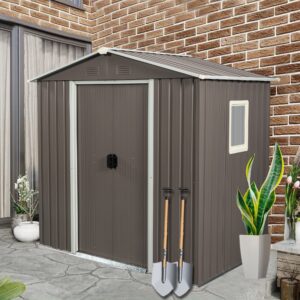 luxo abode 6x5 ft outdoor metal garden storage shed with side window, utility tool shed with air vents, sloping roof and lockable sliding doors, outdoor storage box for backyard, patio, gray