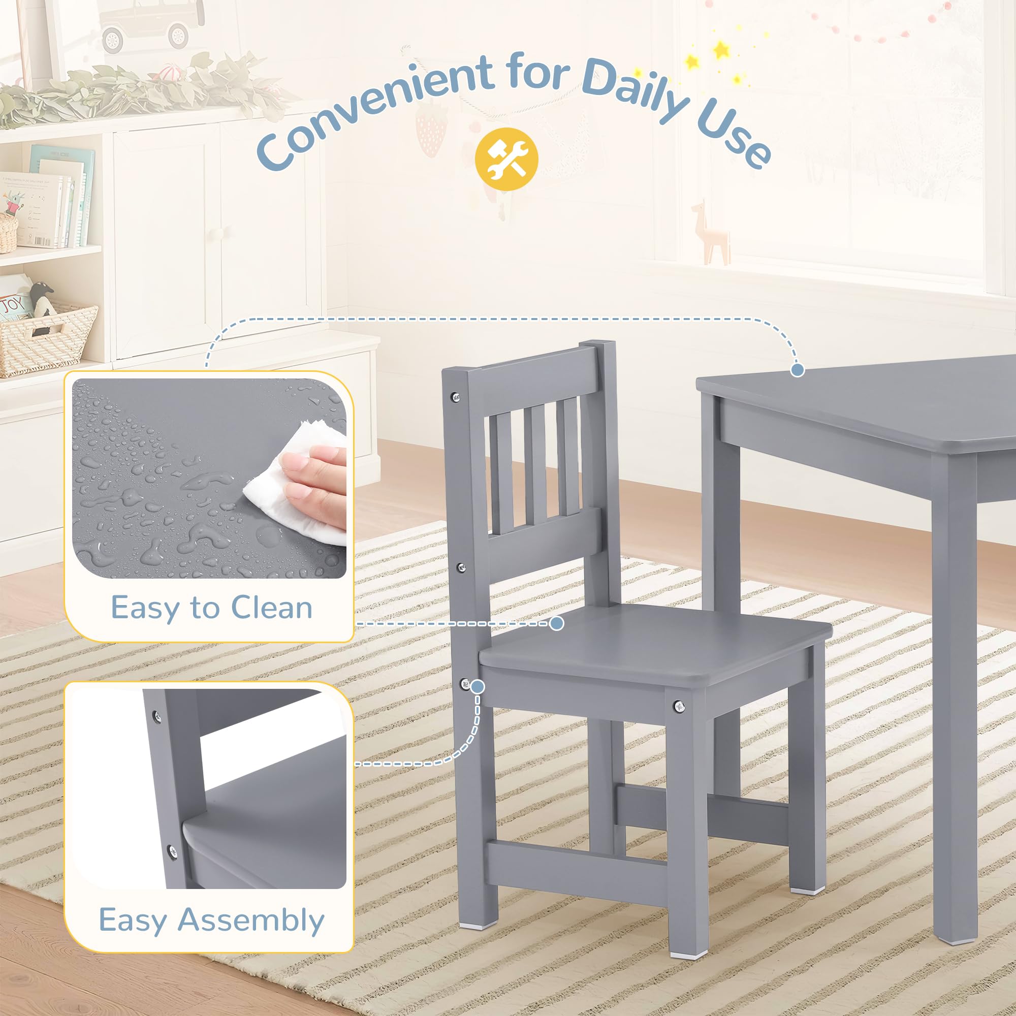 Curipeer Toddler Table and Chair Set, Kids Table and Chairs, Kids Table with Rubber Wood Legs for Children, Toddler Table and 2 Chairs for Kid's Room, Bedroom, Playroom (Gray)