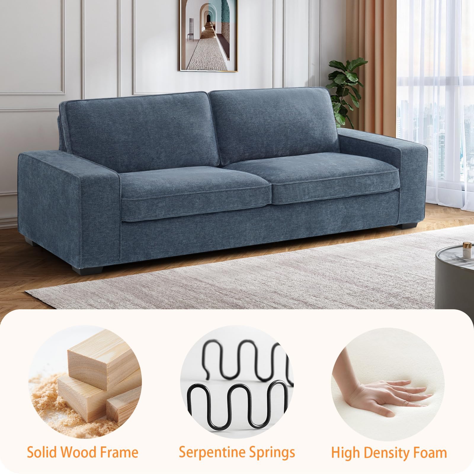 EASELAND 88" Chenille Sofa Couch, 3 Seater Loveseat for Living Room, Lounge Sofa for Bedroom with Removable Back and Seat Cushions, Modern Deep Seat Comfy Couch with Solid Wood Legs and Armrest(Blue)