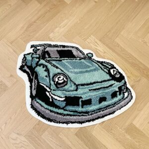 Enthusiast Green Sports Car Shaped Flocking Rug Irregular Geometric Carpet Bed Side Anti Slip Floor Pad Doormat Aesthetic Home (31.5 X24 Inch)