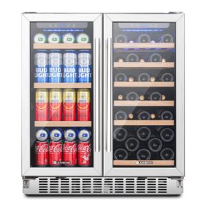 aaobosi 30 inch wine and beverage cooler, 31 bottles & 110 cans wine fridge, glass door dual zone wine refrigerator freestanding and built-in, digital temperature control, blue led display light