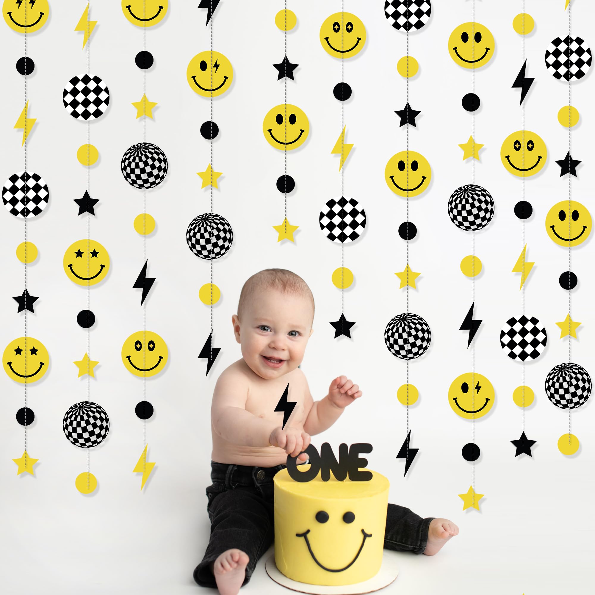 One Happy Dude Paper Garland for 1st Birthday Decorations Boy - Pre-Strung Smiley Face String Banner with Checkered, Perfect Hanging Streamer Backdrop Idea for Cool Dude Birthday Party (44Ft)