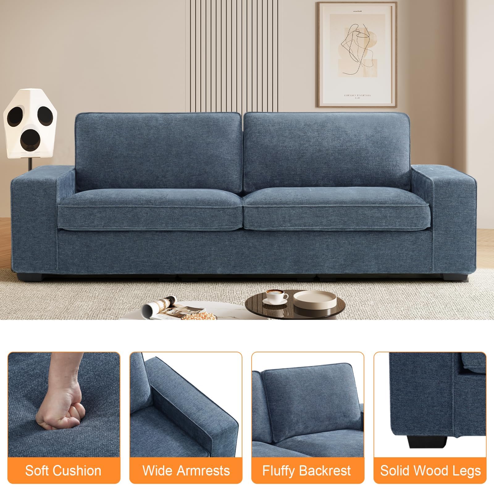 EASELAND 88" Chenille Sofa Couch, 3 Seater Loveseat for Living Room, Lounge Sofa for Bedroom with Removable Back and Seat Cushions, Modern Deep Seat Comfy Couch with Solid Wood Legs and Armrest(Blue)