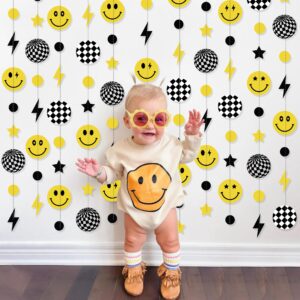 One Happy Dude Paper Garland for 1st Birthday Decorations Boy - Pre-Strung Smiley Face String Banner with Checkered, Perfect Hanging Streamer Backdrop Idea for Cool Dude Birthday Party (44Ft)