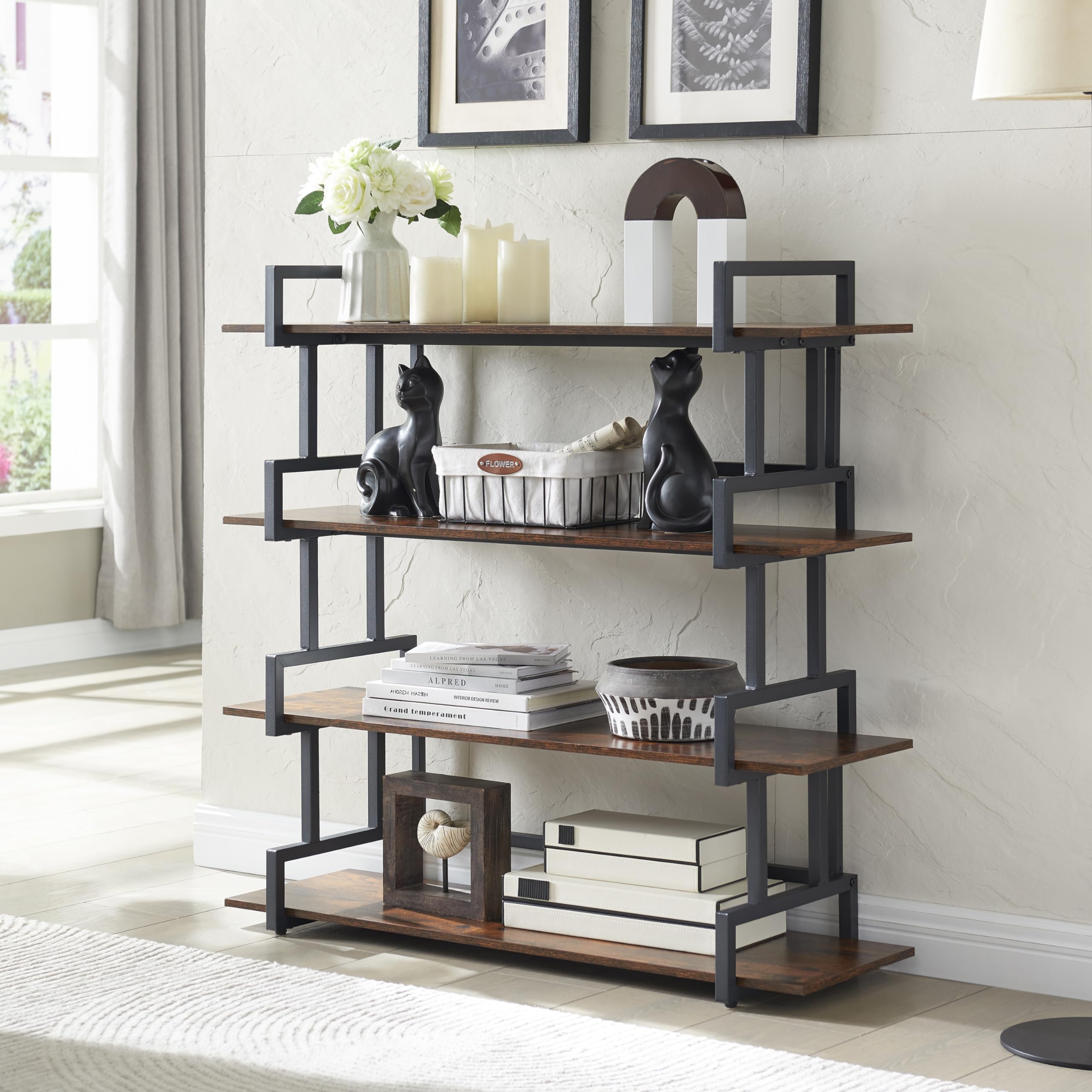 4 Tier Bookshelf, 39.2 inch Tall Bookcase Industrial Wooden Bookshelves Large Wall Etagere Rustic Vintage Book Shelf with Metal Frame Open Storage Rack for Living Room Home Office