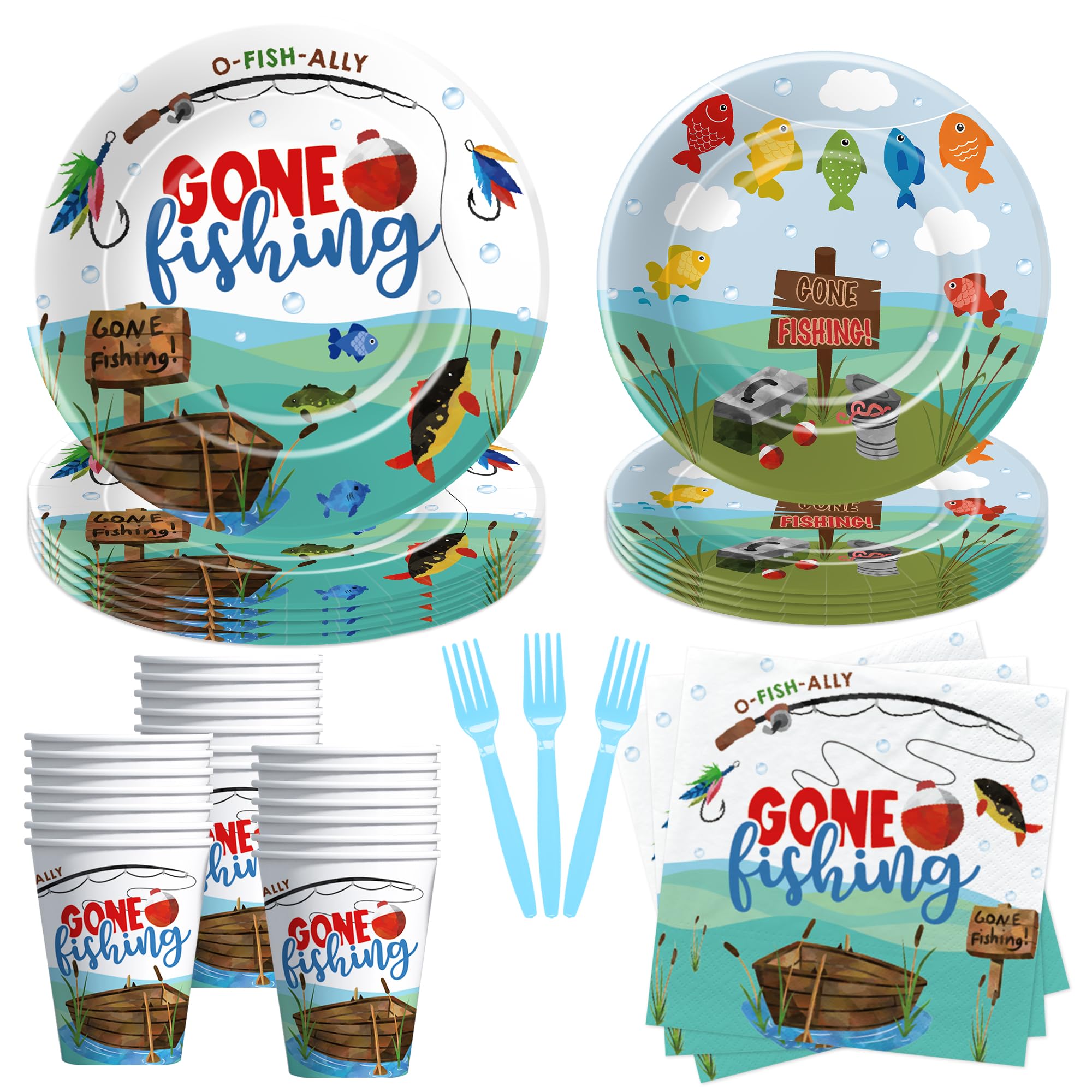 Xenorik Gone Fishing Party Decorations Tableware - Fish Fishing Birthday Party Supplies, Paper Plate, Cup, Napkin, Fork, Little Fisherman Fishing Birthday Baby Shower Table Decorations | Serve 24