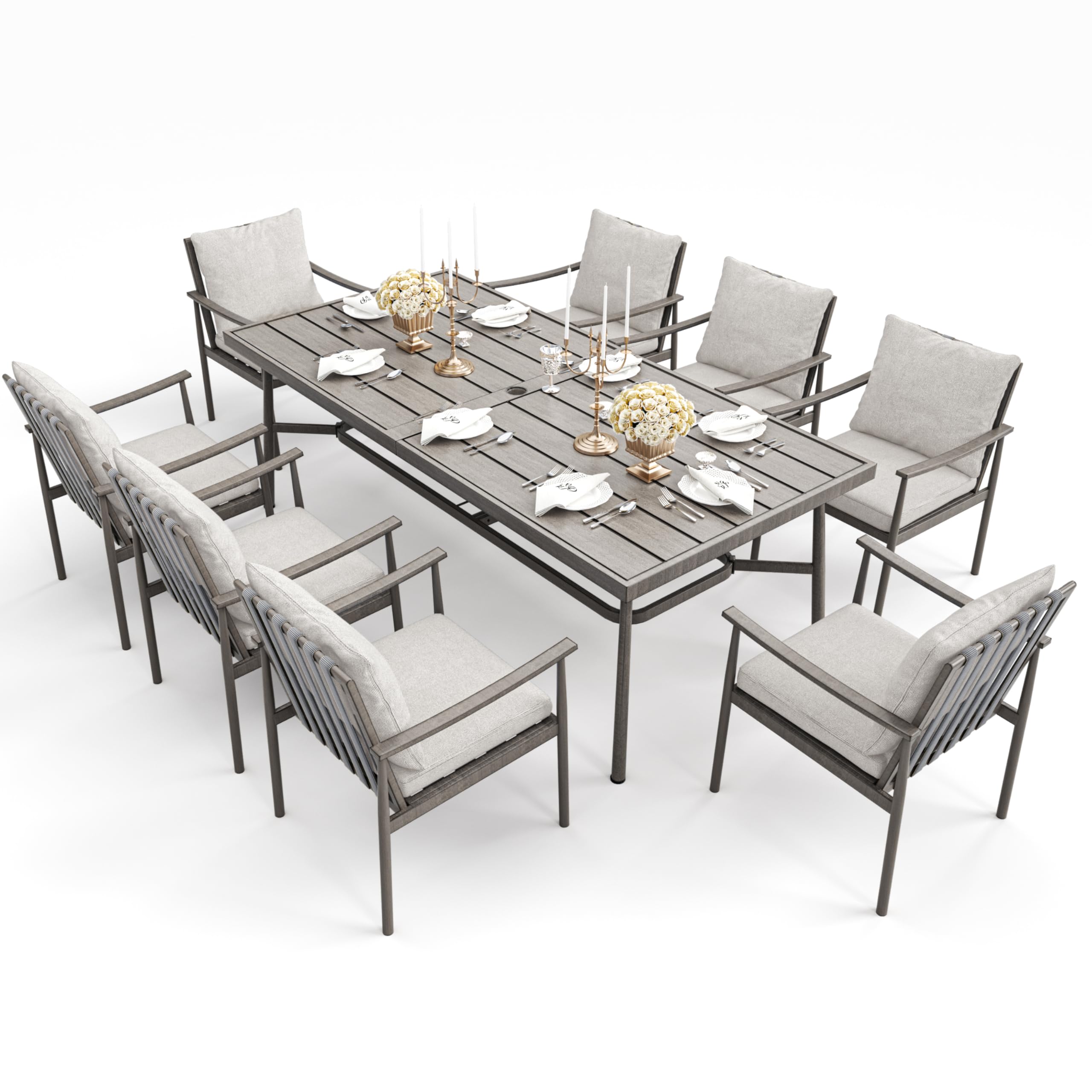 HAPPATIO 9-Piece Patio Table and Chairs Set for 8, Aluminum Outdoor Dining Set with Cushions, 8 Dining Chairs, 1 Large Rectangular Table with Umbrella Hole for Lawn, Porch, Backyard, Grey