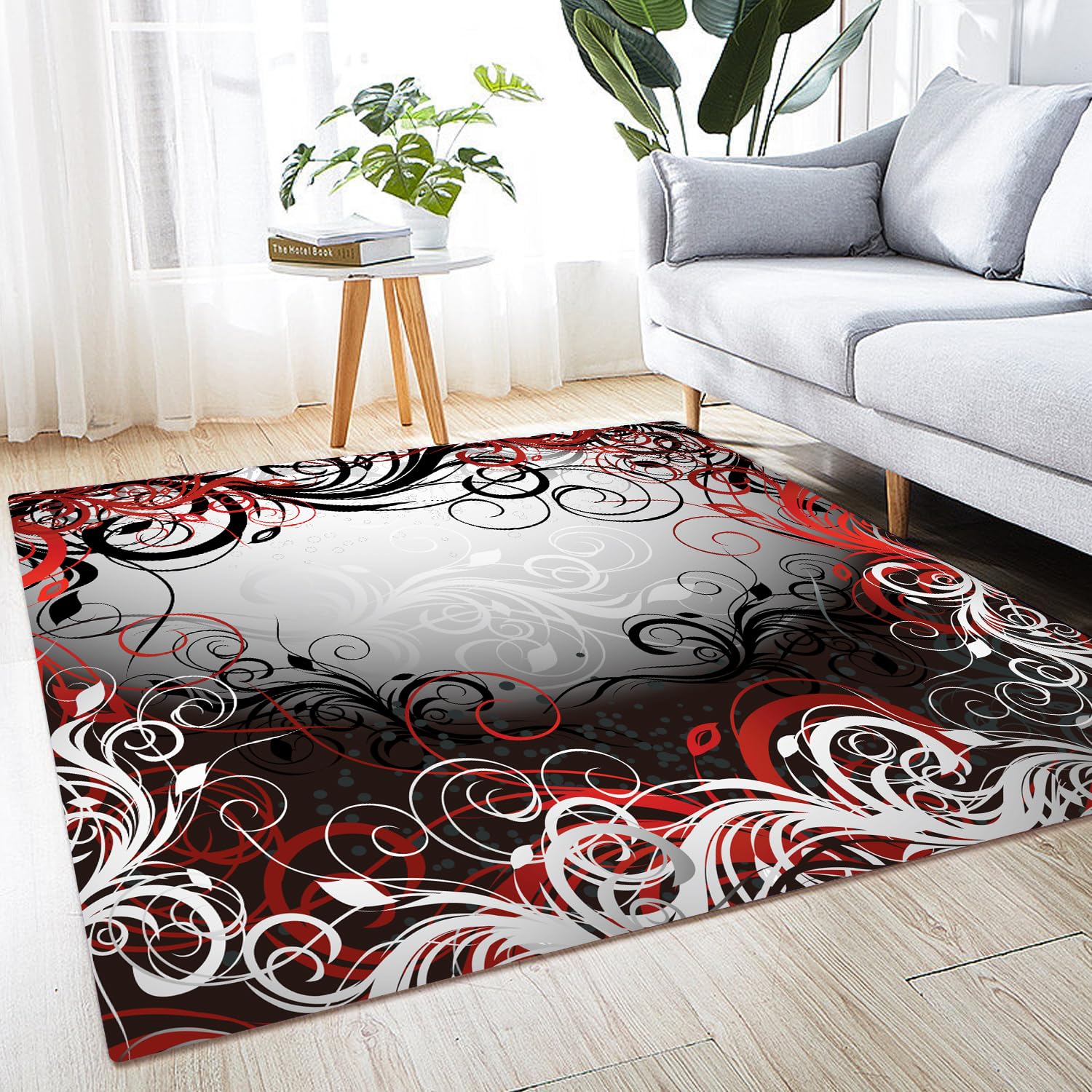 Area Rug 5'x4' Carpet for Bedroom Living Room Kids Nursery Room Home Decor Soft Rugs Mat Non Slip Black Red