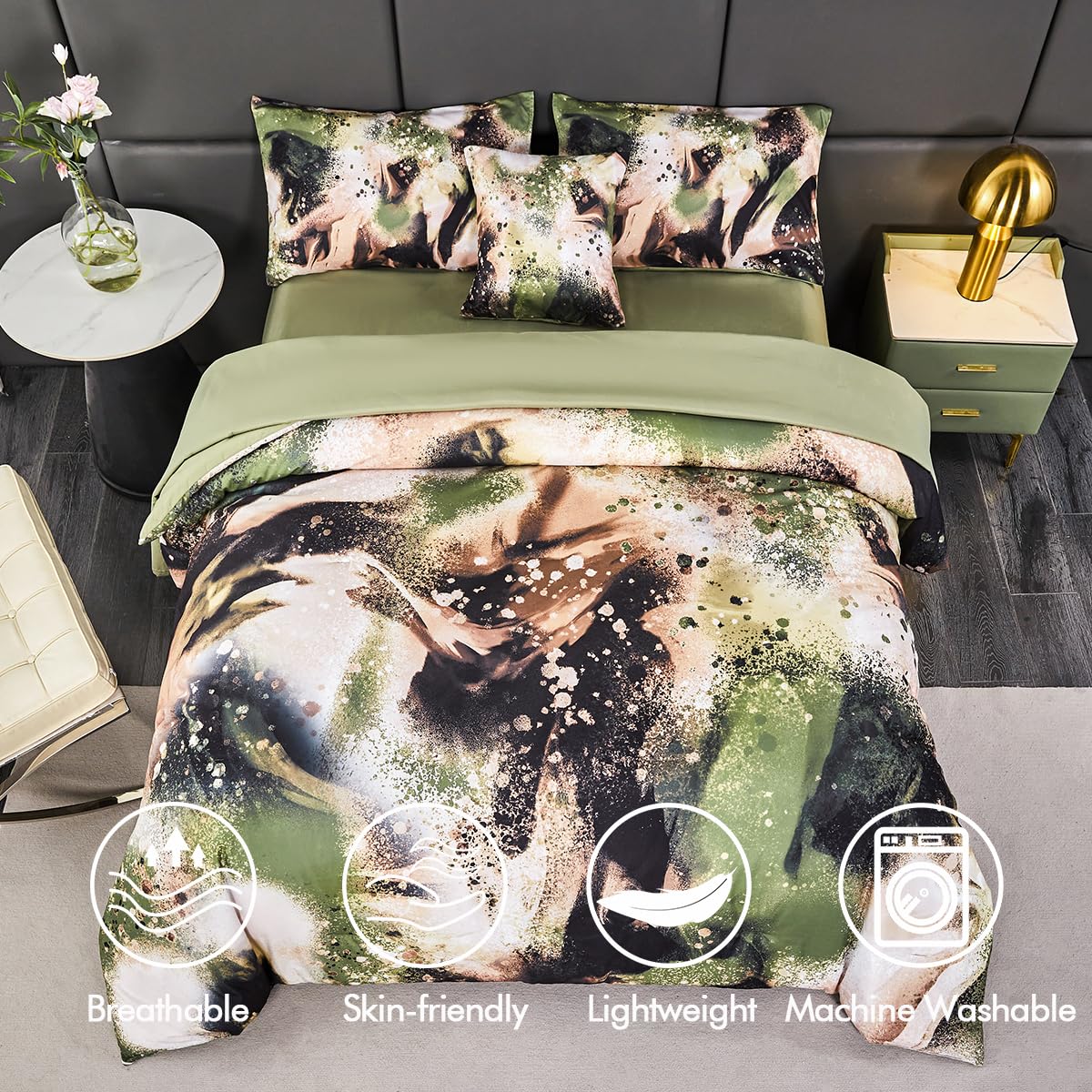 PERFEMET 6-Piece Queen Bed in A Bag Green Gold Tie Dye Bedding Set Lightweight Luxury Abstract Marble Textured Comforter Set for Kids Boys Girls(Green, Queen)