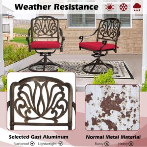 MAIBH Outdoor 5 Piece Cast Aluminum Bistro Set, Patio Table and Swivel Rocker Chairs Set of 4, Metal Patio Furniture Set with Umbrella Hole (35.4''Dia x 29.5''H, Lotus Pattern B) (Red)