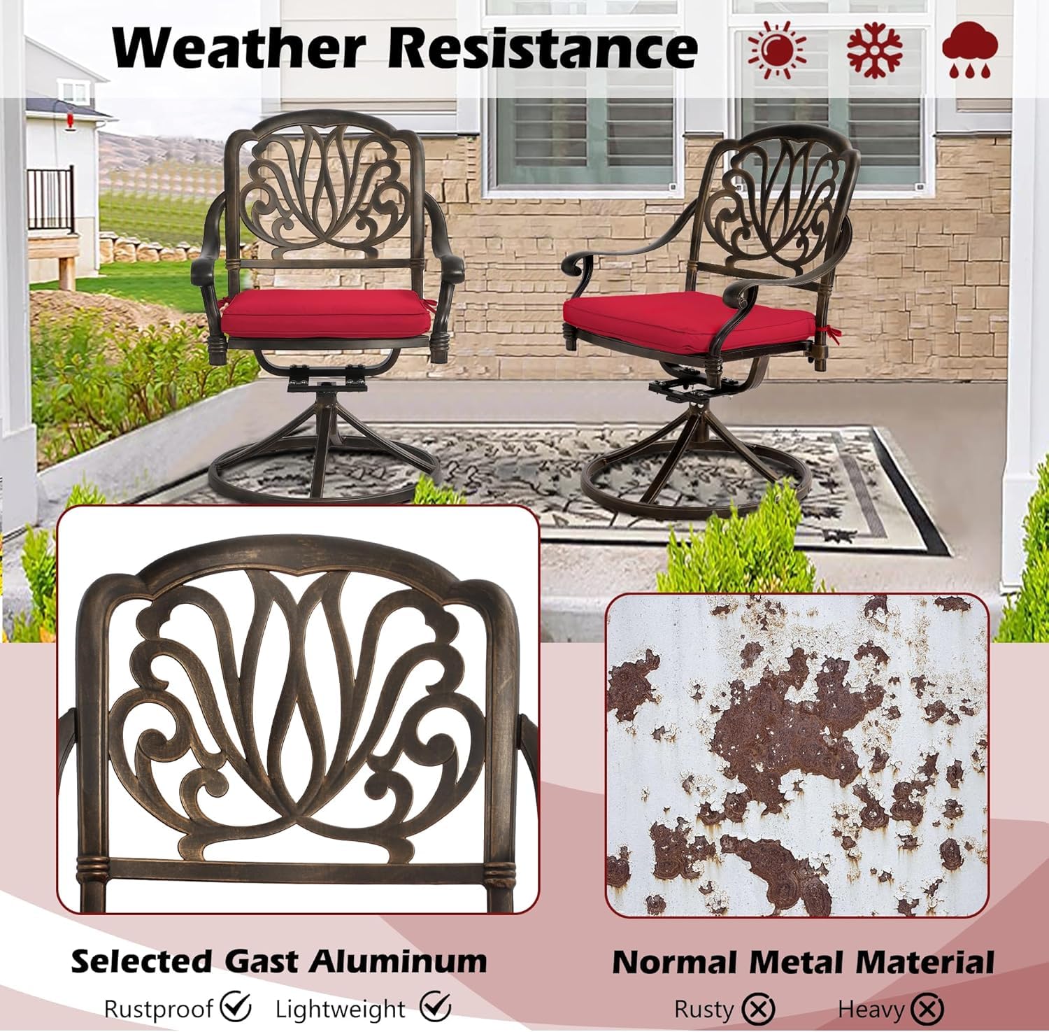 MAIBH Outdoor 5 Piece Cast Aluminum Bistro Set, Patio Table and Swivel Rocker Chairs Set of 4, Metal Patio Furniture Set with Umbrella Hole (35.4''Dia x 29.5''H, Lotus Pattern B) (Red)