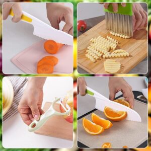 Leking 8 Pcs Wooden Kitchen Knife Set for Kids - Includes Safe Knives, Serrated Plastic Knives, Potato Slicers, Sandwich Cutter, Peeler and Cutting Board