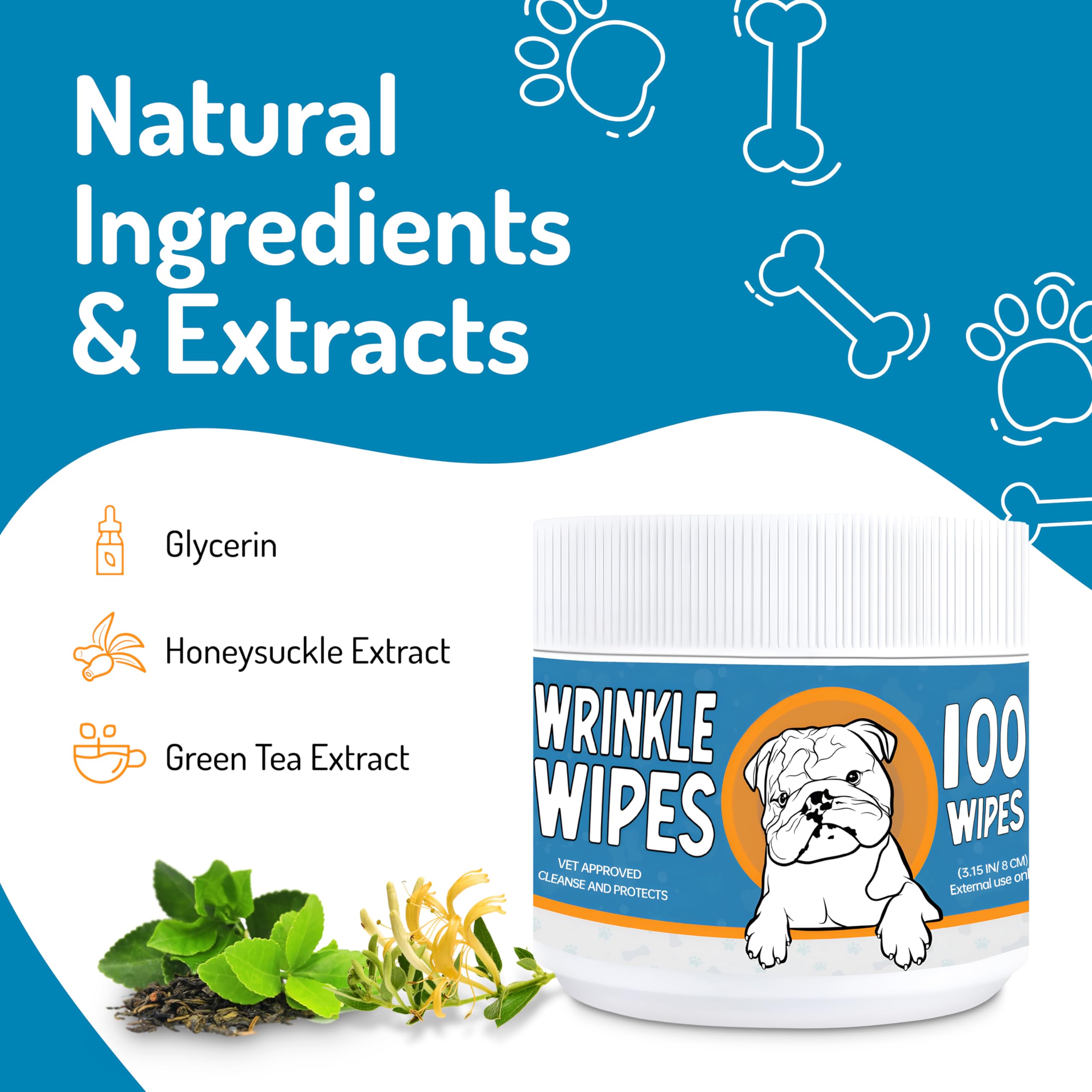 Bulldog Wrinkle Wipes, Cleaning & Soothing + Dog Ear Finger Wipes, Remove Debris, Wax and Odor