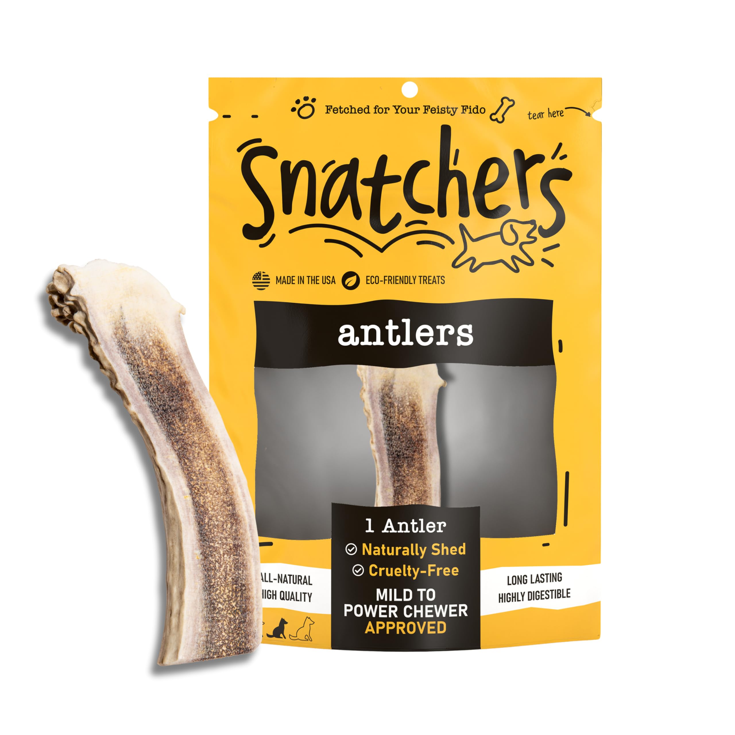 Snatchers Split Deer Antlers for Mild to Aggressive Chewers – Durable, Naturally Shed Antlers for Dogs Processed in The USA, No Additives (Large, 1 Count)