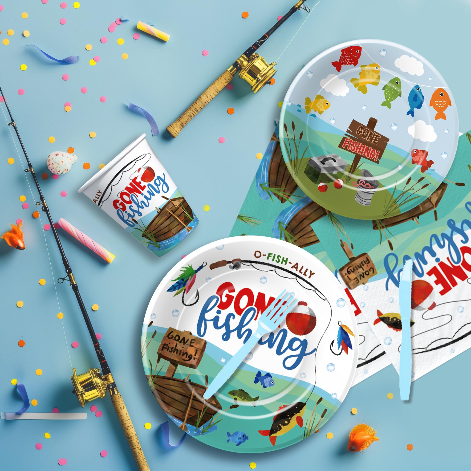 Xenorik Gone Fishing Party Decorations Tableware - Fish Fishing Birthday Party Supplies, Paper Plate, Cup, Napkin, Fork, Little Fisherman Fishing Birthday Baby Shower Table Decorations | Serve 24