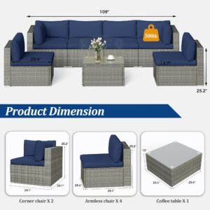 May in Color 7-Piece Modular Outdoor Sectional Wicker Patio Furniture Set with Coffee Table for Porch Balcony Backyard, Dark Blue