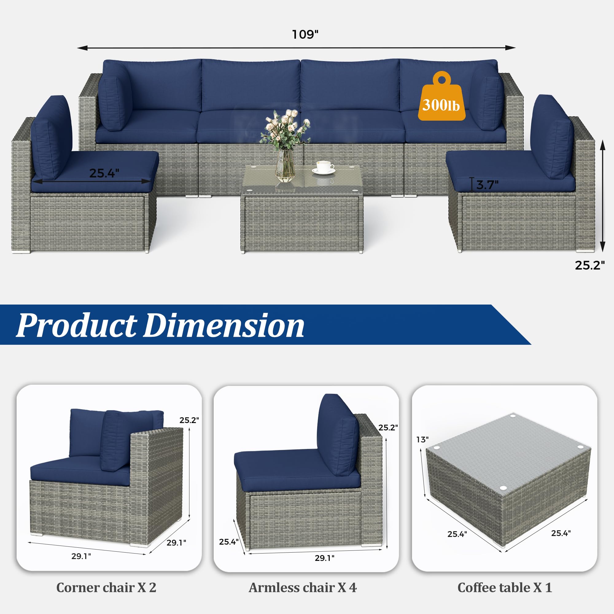 May in Color 7-Piece Modular Outdoor Sectional Wicker Patio Furniture Set with Coffee Table for Porch Balcony Backyard, Dark Blue