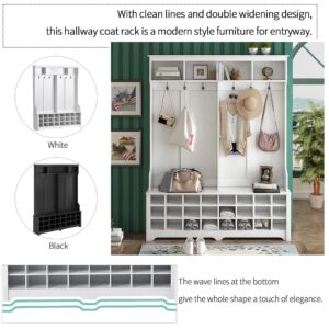 Acosure Modern Style Multiple Functions Hallway Coat Rack with 6 Metal Hooks,Entryway Bench Wide Hall Tree W/Ample Storage Space & 24 Shoe Cubbies,for Apartment Living Room,White,60"