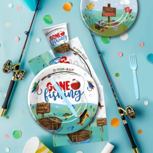 Xenorik Gone Fishing Party Decorations Tableware - Fish Fishing Birthday Party Supplies, Paper Plate, Cup, Napkin, Fork, Little Fisherman Fishing Birthday Baby Shower Table Decorations | Serve 24