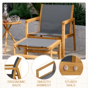 Devoko Patio Furniture Set 4 Piece Outdoor Conversation Set Acacia Wood and Textile Chairs with Footstool for Patio, Lawn, Garden, Poolside