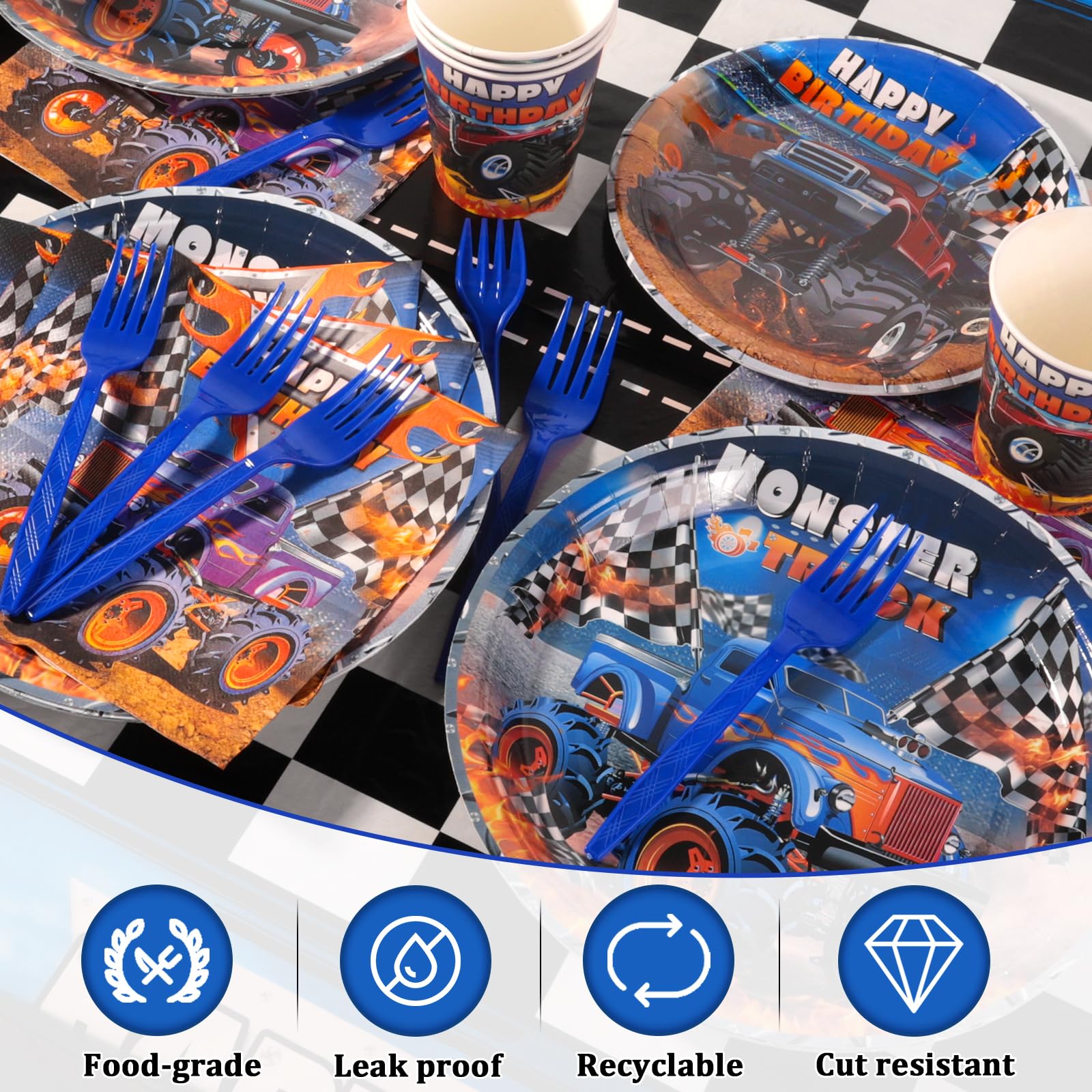 Monster Truck Birthday Decorations Supplies Serves 24 Guests, Machines Jam Birthday Party Tableware with Birthday Banners, Tablecloth, Plates, Cups, Napkins, Forks for Boys Birthday