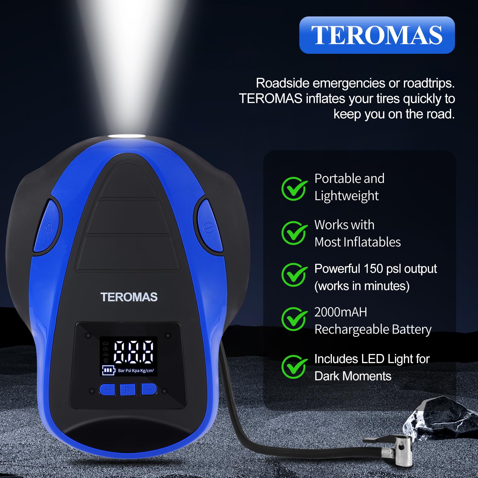 TEROMAS Tire Inflator Portable Air Compressor, Cordless Air Pump for Car Tires and Other Inflatables, Rechargeable Digital Electric Tire Pump with Pressure Gauge