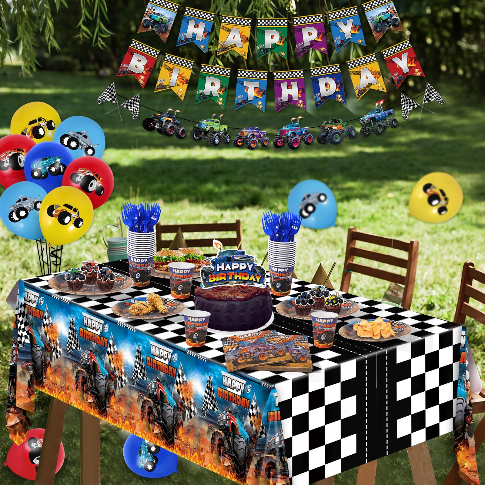 Monster Truck Birthday Decorations Supplies Serves 24 Guests, Machines Jam Birthday Party Tableware with Birthday Banners, Tablecloth, Plates, Cups, Napkins, Forks for Boys Birthday