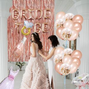 Bachelorette Party Decorations,Pink Rose Gold Decor, Bridal Shower Party Supplies with Bride To Be Words,Rose Gold Diamond Ring,Wedding Dress,Giant Bottle Balloons and Foil Fringe Curtain