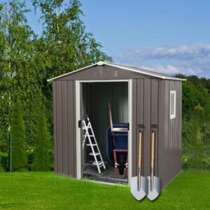 Luxo Abode 6x5 FT Outdoor Metal Garden Storage Shed with Side Window, Utility Tool Shed with Air Vents, Sloping Roof and Lockable Sliding Doors, Outdoor Storage Box for Backyard, Patio, Gray