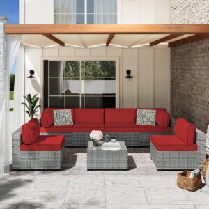 YQNUCO Patio Cushion Covers Replacement, Outdoor Cushion Covers for Patio Furniture Waterproof with Zipper, Washable Wicker Rattan Sectional Sofa Couch Chair Cover Set with Ties (Red, 14 PCS)