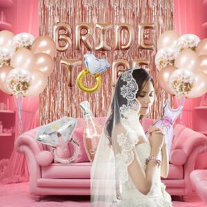 Bachelorette Party Decorations,Pink Rose Gold Decor, Bridal Shower Party Supplies with Bride To Be Words,Rose Gold Diamond Ring,Wedding Dress,Giant Bottle Balloons and Foil Fringe Curtain