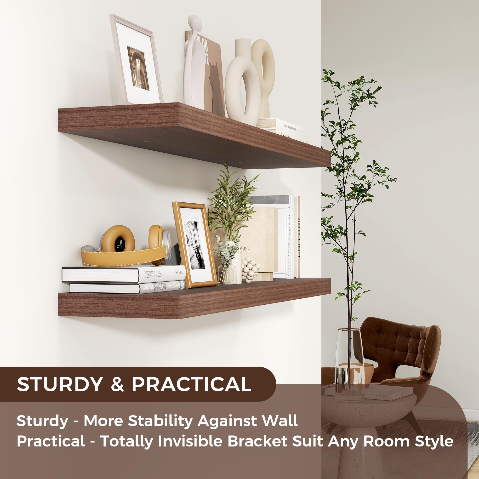 Floating Shelves for Wall, 2 Large Wall Mounted Shelves with Invisible Brackets, Long Wood Floating Wall Shelf Shelves for Living Room, Bedroom, Kitchen, Bathroom Decor (Walnut, 36" W x 8" D x 1.5" H)