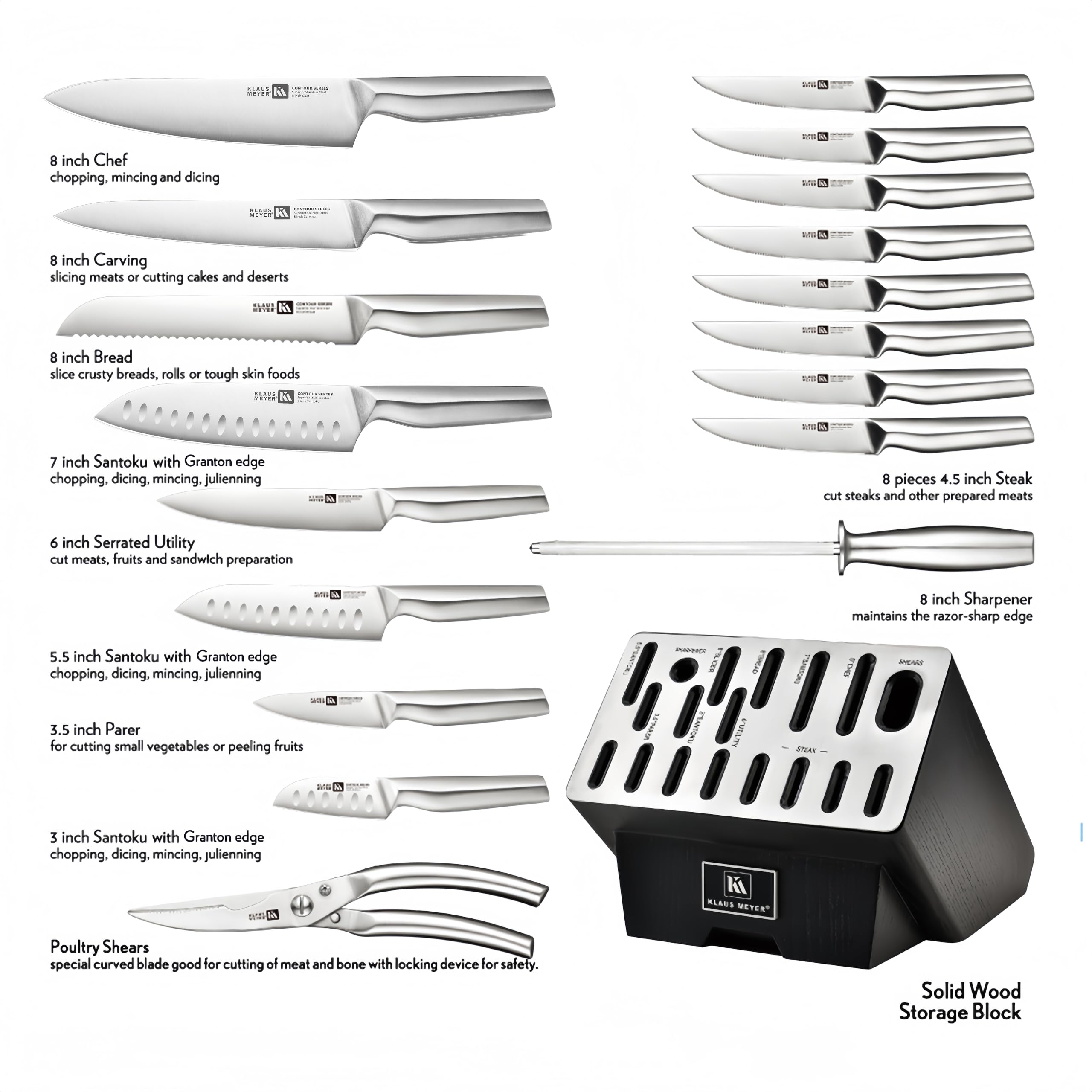 Klaus Meyer 19 Piece Contour High Carbon Stainless Steel Kitchen Knife Set with Knife Sharpener Non-Slip Handles Knife Set with Block