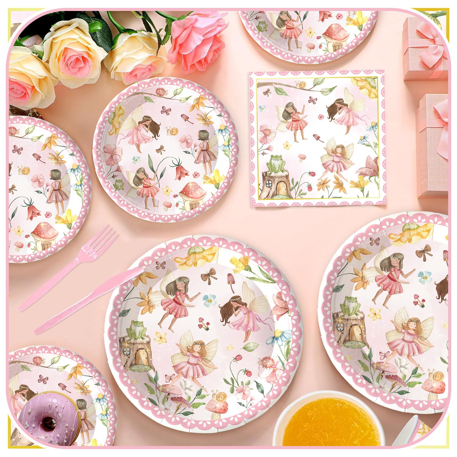 120PCS Fairy Party Supplies for Girls 1st 2rd First Birthday Fairies Enchanted Themed Baby Shower Party Decorations Garden flower Tableware Set Paper Plates Napkins Forks for 20 Guests